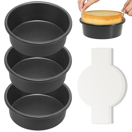 HONGBAKE 6 Inch Round Cake Pan Set for Baking with Parchment Paper, Nonstick Small Deeper Circle Cake Pans with Wider Grips, 3 Pieces Layer Cake Tin, Cheesecake Mold, Huty Duty - Grey