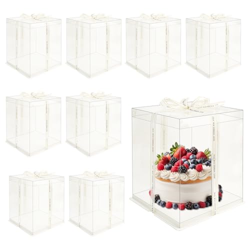 8 Pcs 10x10x12Inch Clear Cake Box with Ribbon, PET Tall Cake Boxes, Clear Gift Boxes for 8 Inch Cake, Bakery Transport Container, Transparent Display Box for Birthday Wedding Party