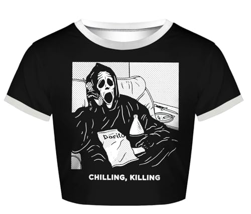 Womens Crop Tops Summer Casual Short Sleeve Goth Halloween Print Cropped T Shirts (Chilling Killing 016,S)