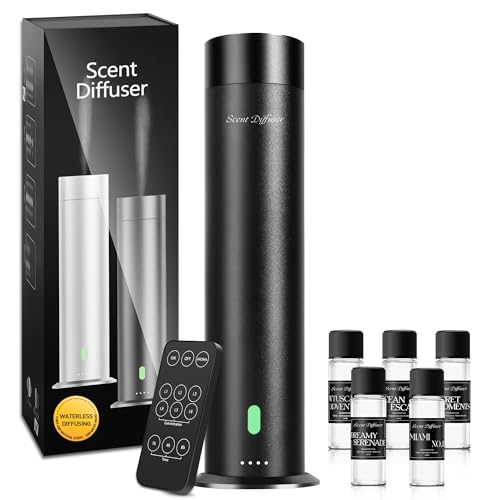 Waterless Scent Diffuser Starter Kit - 1000 Sq Ft Coverage, Hotel Scent Diffuser, Essential Oil Diffuser Large Room, Included 5 Scent Oils, Remote Control, Black, 11.20In