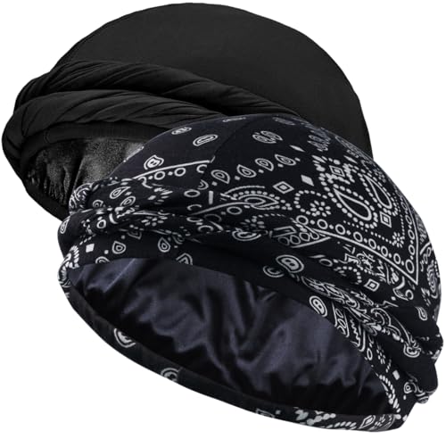 Ababalaya 2PCS Adjustable Satin Lined Halo Turban Durag for Men &Women, Sleeping Bonnet, Beanie Hats, PRE-Tied Headwraps for Hair Loss
