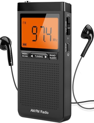 AM FM Portable Radio Personal Radio with Excellent Reception Battery Operated by 2 AAA Batteries with Stero Earphone, Large LCD Screen, Digtail Alarm Clock Radio