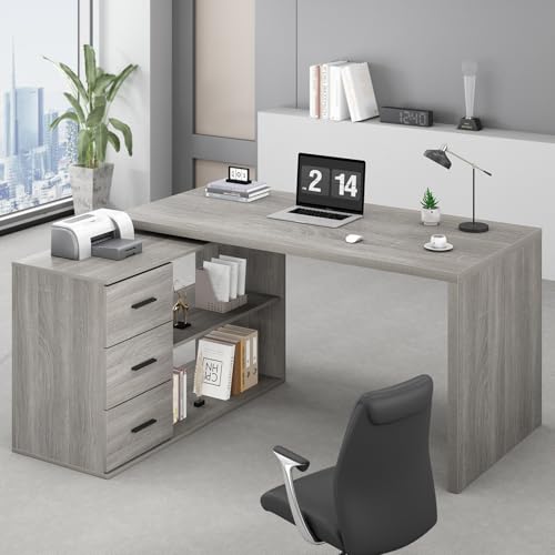 HSH L Shape Desk with Drawers, L-Shaped Desk with Storage Cabinet Shelves, Home Office Corner Computer Desk for Executive Writing, Modern Wood Study PC Table in Bedroom Living Room, Grey Oak, 55 Inch