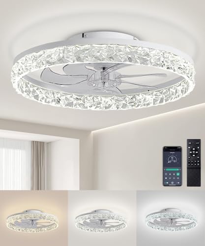 AQUBT Ceiling Fans with Lights and Remote, 19.7" Low Profile Ceiling Fan with Light, 3000-6500K Dimmable，Stepless Color Temperature Change and 6 Speeds for Bedroom, Kids Room and Living Room (White)