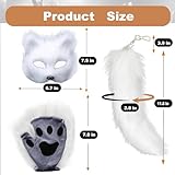 AOKILOM Therian Mask and Tail Set, Furry Animal Mask Tail Paw Gloves Cosplay Cat Fox Mask Wolf Tail Halloween Carnival Party Costume (White)