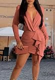 GarRela Women's Bodycon Sexy Ruched Wrap Dress Long Sleeve Deep V Neck Elegant Cocktail Mini Dresses