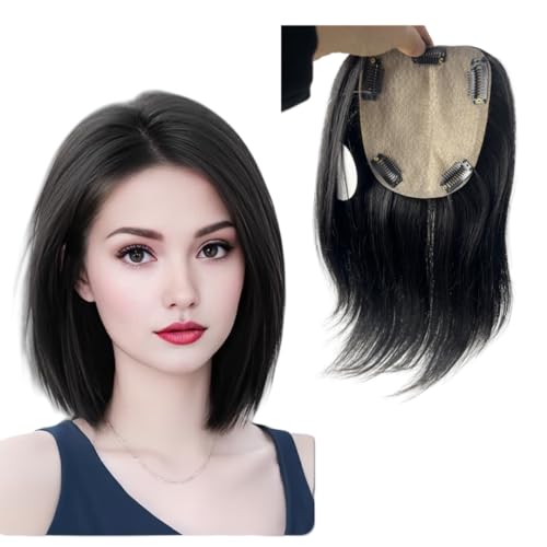 Anemone Silk Base Human Hair Topper For Spot Bald Middle Part Side Bangs Straight Lace Human Hair Partial Wig 5 Clips in Hairpieces Extensions 12X13cm Artificial Scalp (Black, 8 inch)