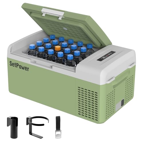 Setpower FC15 Portable 12v Refrigerator, -4℉-68℉ Fast Cooling Car Refrigerator, 15L/15.8Qt Car Fridge Portable Freezer with 12/24V DC & 110/240V AC, Electric Cooler (Green, 15L With AC Adapter)