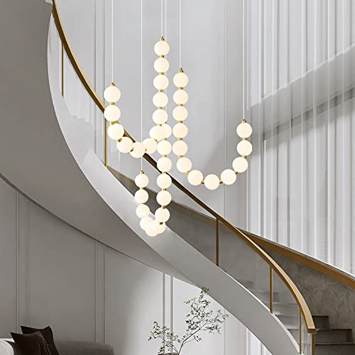 WLBHWL 135W LED Indoor Home Decor Staircase Chandelier for Entrway Lights Dimmable Ball Pendant Light in Brass Finish 3 Lights Hight Ceiling Fixtures for Living Room Loft