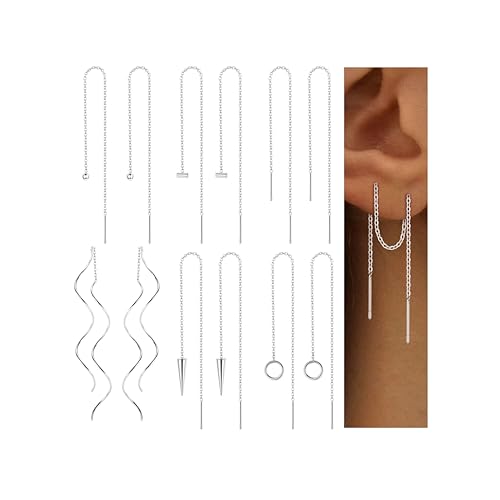 ORAZIO 6 Pairs Stainless Steel Chain Tassel Earrings for Women Lightweight Wave Threader Ball Dangle Drop Minimalist Chain Earrings Set
