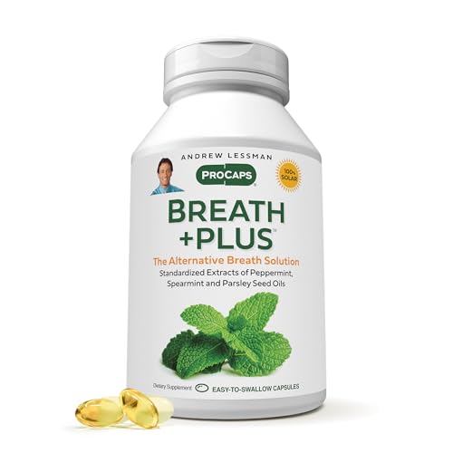 ANDREW LESSMAN Breath Plus 180 Softgels - Natural Breath Freshener, Helps Eliminate Odors from Food, Smoking, Morning Breath from The Inside Out. Peppermint, Spearmint. Easy to Swallow Softgels