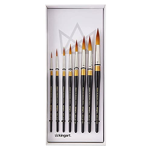 KINGART Premium Original Gold Series Handcrafted Golden Taklon Multimedia Artist Brushes, Gift Box, Set of 8 (sizes: 2,4,6,8,10,12,14,16) Oil, Acrylic, Watercolor, and Gouache Paints