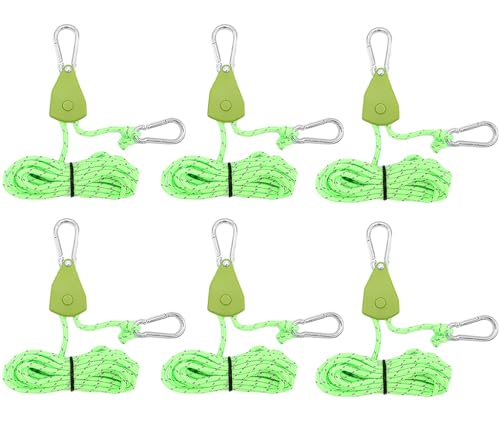 Kellegour 6 Pack Rope Ratchet,1/8" Adjustable Rope Hangers,Rope Clip Hanger,Ropes Ratchet,Used for Camping Tents,Hanging Carbon Filters,Ventilation Equipment,and Hanging Lighting Fixtures(13.12 FT)