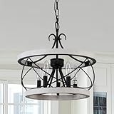 Bella Depot 5-Light Rustic Cage Wood Chandelier Dimmable Lighting, Adjustable Farmhouse Pendant Light for Kitchen Island 15.7"x15.7" - Weathered