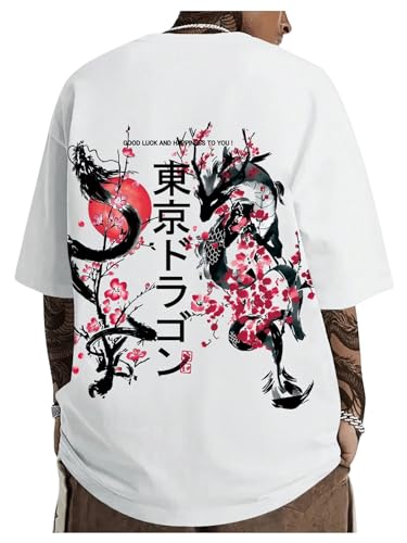 GORGLITTER Men's Japanese Letter Graphic Tee Top Oversized Short Sleeve Casual Aesthetic Print T-Shirt White Flower & Letter X-Large