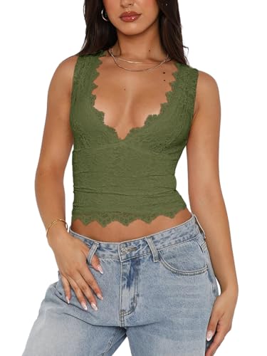 REORIA Womens Summer Tops Sexy V-Neck Sleeveless Double Lined Fashion Going Out Y2K Tank Tops Trendy Lace Slimming Crop Tops for Teen Girls Dark Green Medium