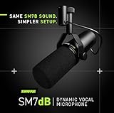 Shure SM7dB Dynamic Vocal Microphone w/Built-in Preamp for Streaming, Podcast, & Recording, Wide-Range Frequency, Warm & Smooth Sound, Rugged Construction, Detachable Windscreen - Black