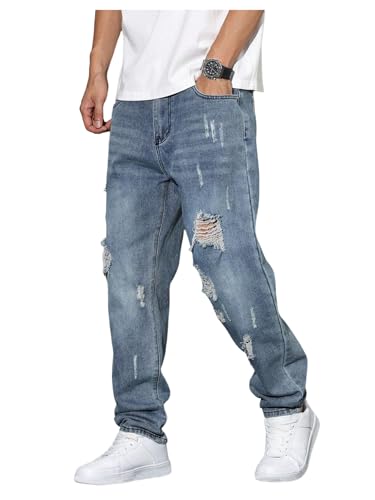 Verdusa Men's Vintage Distressed Ripped Jeans Straight Leg Denim Pants with Pockets Blue Medium