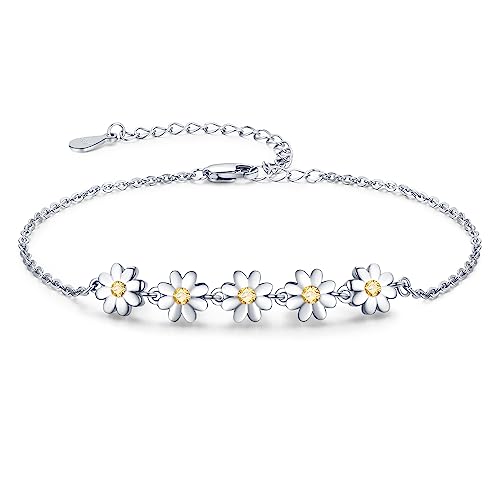 Palpitate Daisy Bracelet Sterling Silver Dainty Jewelry Non Tarnish for Women Daisy Gift on Birthday Anniversary Christmas