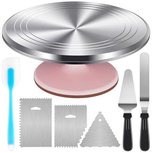 Kootek Aluminium Cake Turntable Set, Baking Tools with Revolving 12" Cake Stand for Decorating, 12.7" Offset Spatula, 3 Stainless Steel Frosting Icing Smoother, Cake Serve Cake Decorating Kit Supplies