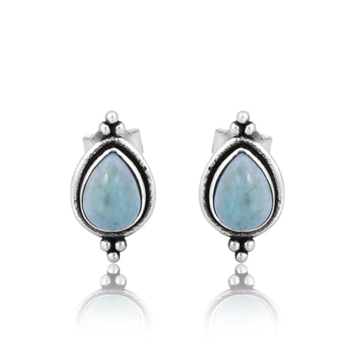 Natural Pear Gemstone Earring | 925 Sterling Silver Oxidised Earring | Handmade Women Earring | Daily Wear Earring | Women Jewerly | Birthday Gift for Her (Larimar)