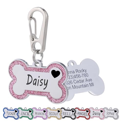 Personalized Dog Tags for Pets Deep Engraved Text and Cute Heart Icons Glittering Bone Shapes Double Sided Engraving Suitable for Dogs and Cats ID Tags Collar Accessories