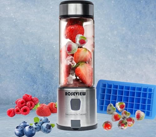 Portable Smoothie blender ROSEVIEW Glass bottle USB rechargeable mini Handheld Ice Shakes Cup 2 speed blend juicer Cordless Personal smoothies maker Fruit mixer (Black Steel)