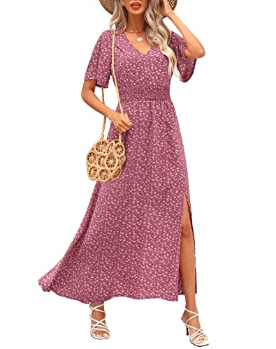 Kranda Summer Dresses for Women 2025 Spring Deep V Neck Flutter Short Sleeve High Waist Swing Flowy Front Slit Casual Long Beach Boho Floral Maxi Dress Dusty Rose XL