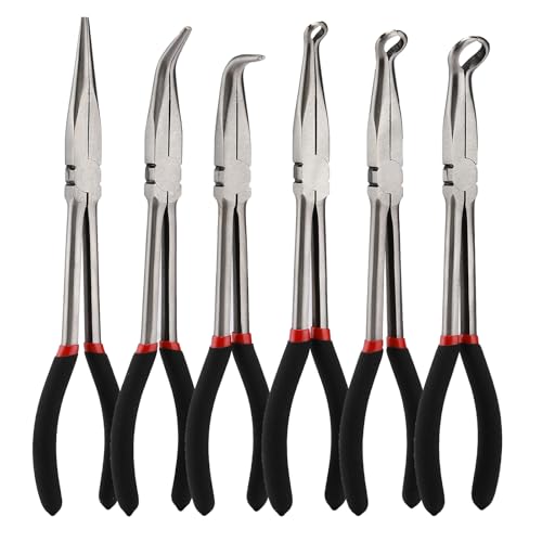 Mayouko 6PCS Extra Long Reach Pliers Set, 11" Straight, 45 and 90 Bent Nose, 5/16", 1/2" and 3/4" Circle Nose Pliers