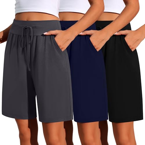 Neer 3 Pack Cotton Bermuda Shorts for Women Wide Leg High Waisted Drawstring Gym Shorts with Pocket(Black, Navy, Graphite Gray,L)