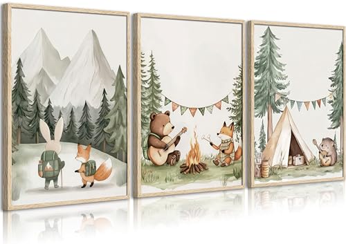 Woodland Animal Nursery Canvas Wall Art Fox Bear Rabbit Hedgehog Paintings Pictures Safari Nursery Wall Decor Forest Animals Camping Campfire Poster Print Artwork for Boys Kids Room Home Decoration