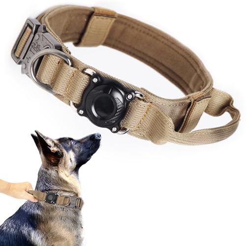 Tactical Dog Collar with Airtag Holder Waterproof Airtag Dog Collar with Control Handle and Metal Buckle Adjustable Heavy Duty Dog Collar for Dog Training(Brown，L