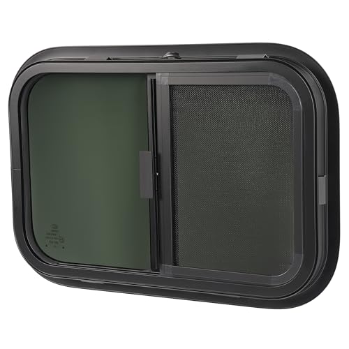 HECASA 21" x 14" Universal RV Window w/Trim Ring & Mesh Screen Teardrop Tinted Horizontal Side Window for Trailer, Camper, Truck Tempered Glass Aluminium Rubber Plastic Black