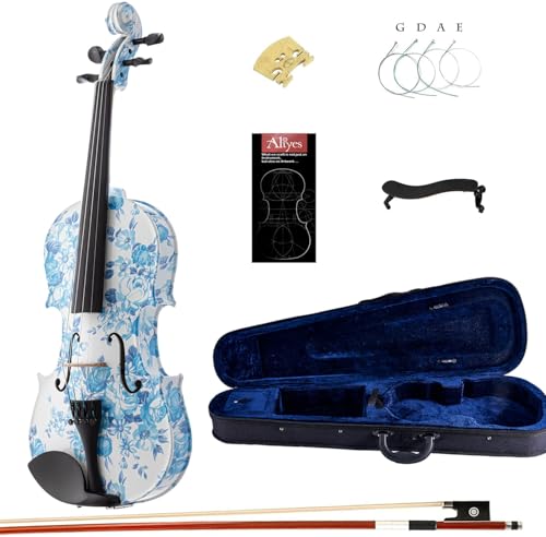 Aliyes Acoustic Violins Full Size Solid Wood Intermediate White&Blue Flowers Violin Kit For Beginners With Case,Shoulder Rest,Bow,Rosin,Extra Bridge And Strings(YZ-1201)