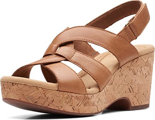 Clarks Womens Giselle Beach Wedge Sandal, Tan Leather, 10 US