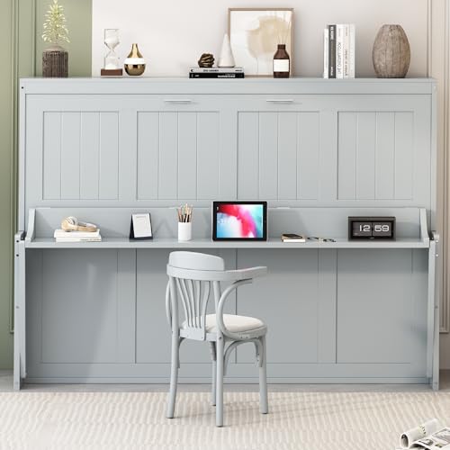 Merax Murphy Bed Full Size with Desk, Wood Folding Wall Bedframe with Smooth Hydraulic Lift, for Small Bedroom, Guest Room, Home Office, Grey