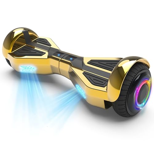 SUNDERWELL Hover Board, Hoverboard with LED Flashing Wheel Lights and Science Fiction Design Aesthetics, 6.5" All Terrain Hoverboard Equip Wireless Bluetooth Speaker, Dual 200W Motors, Supports Up to 165 lbs (Chrome Gold)