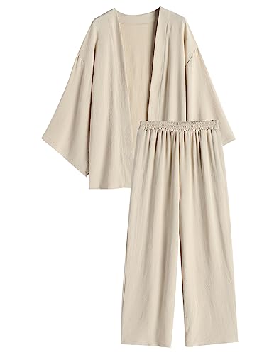 ZAFUL Women 2 Pieces Pants Set Loose Fit Outfits Casual Linen Cardigen Wide Leg Lounge Sets