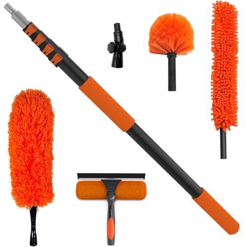 Buyplus 26FT Reach Dusting Kit, Long Duster with 5-20FT Extension Pole for High Ceilings, Cobweb Duster, Microfiber Duster, Window Squeegee, Extendable Duster Cleaning Kit