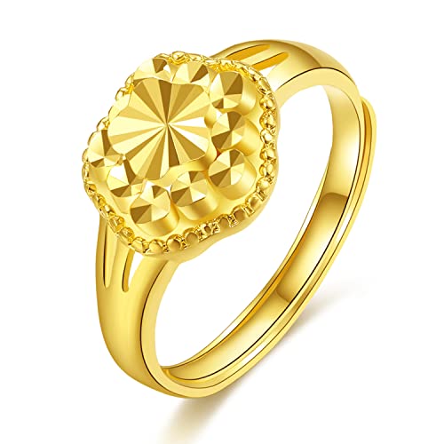 ZHOU LIU FU 24K Solid Gold Floral Ring for Women, Adjustable Flower Style Ring for Friend Wedding Anniversary Engagement