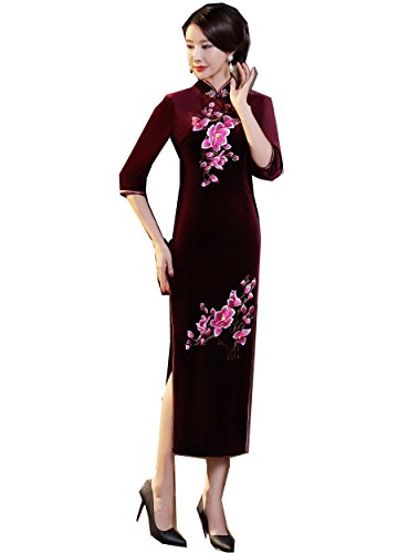Shanghai Story 3/4 Sleeve Long Qipao Oriental Dress Velvet Cheongsam M T0057