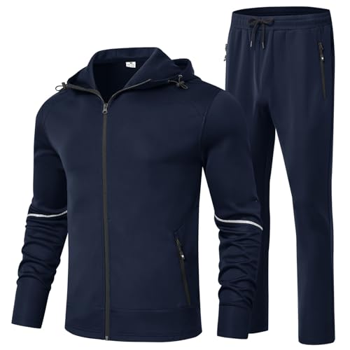 BGOWATU Men's Tracksuits Set Full Zip Jacket Hoodie Sweatsuit Running Sport Pants Outfits for Men with Zipper Pockets Navy S