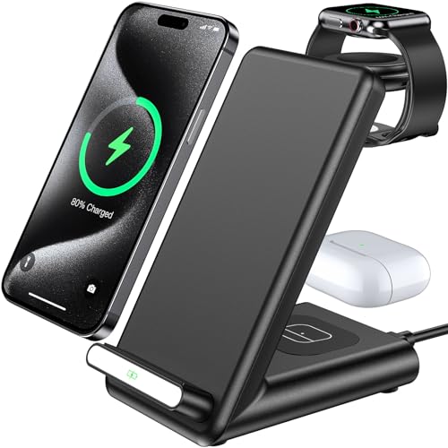 Wireless Charging Station,3 in 1 Charging Stand Made for Apple Watch Ultra 10 9 8 7 6 SE 5 4 3,Fast Wireless Charger Made for iPhone 16/15/14/13/12/11/X,for AirPods Pro(with Adapter)