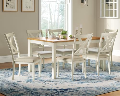 AMERLIFE 7-Piece Farmhouse Solid Wood Dining Table Set with 6 Upholstered Chairs, 60" Space Saving Dinner Table & Chairs Set, for Dining Room, Kitchen, Restaurant, Brown & White