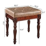 Vanity Bench Stool with Padded Cushion, Piano Bench with Solid Wood Carving Legs, Home Chairs Button Breathing Leather Upholstered Seat, 18.5” x 14.2” x 19.1” Easy Assembly, Yellowish Brown FD1533LT