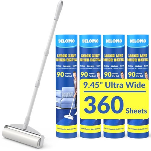 Large Lint Rollers for Carpet, Sticky Rollers for Floor DELOMO 9.45 in with 3 Extendable Handle, Long Handle Sticky Mop for Cleaning Carpets, Cars, Clothing, and Pet Hair