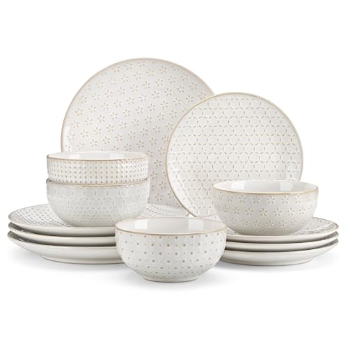 MALACASA 12 Pieces Dinnerware Sets, Modern Relief Design Plates and Bowls Sets, White Dish Set for 4, Kitchen Ceramic Dinner Plates Dishware Set, Microwave and Dishwasher Safe, Series LYDIA