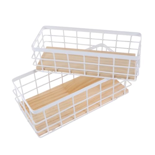 IMIKEYA 2Pcs Nordic Style Iron Storage Basket Chic Art Desktop Organizer with Wooden Bottom for Clothing Fruit and Home Storage Bedroom Bathroom White