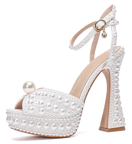 Minishion Womens Platform Wedding Shoes Slingback High Heel Party Evening Sandals with Pearl LH003 White US 8