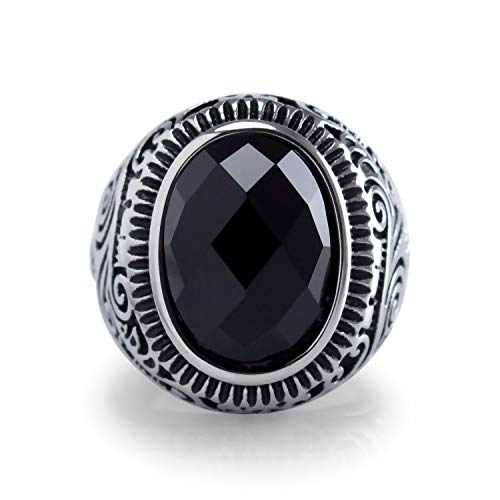 555Jewelry Classic Stainless Steel Rings for Men, Retro Vintage Celtic Seal Oval Diamond Cut Black Onyx Ring for Men, Signet Ring for Men, Mens Stone Ring Band, Silver, Size 9